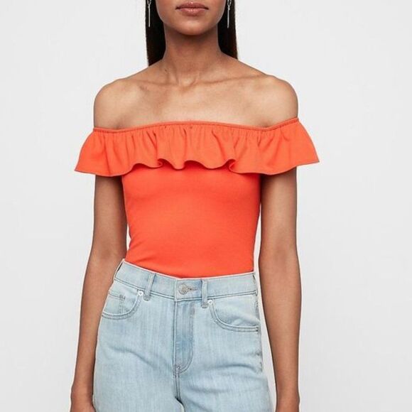 Express Orange Ribbed Thong Ruffle Bodysuit - Picture 1 of 9